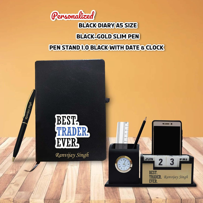 Trader Gift Set – Black-Gold Slim Pen, Pen Stand with Clock