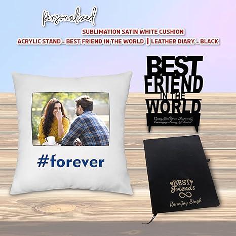 Friendship Day Combo - Photo Cushion, Acrylic Stand, Engraved Diary