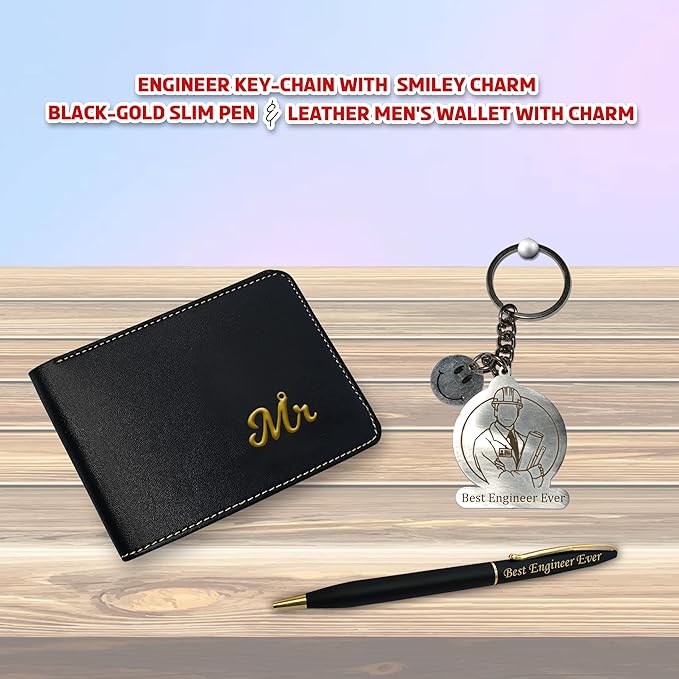 Gifts Engineer Combo (Male) – Engraved Pen, Keychain & Wallet with King Charm