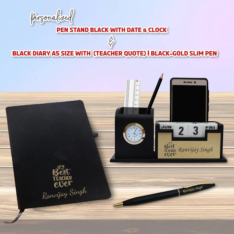 Teacher's Combo-Pen, Pen Stand with Date & Clock & Black Diary