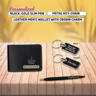 Father's Day Gift Combo - Engraved Keychain, Pen & Leather Wallet.