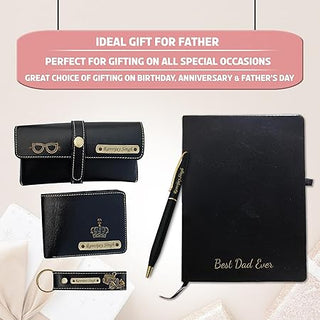 Father's Day Gift Combo- Customized Pen, Black Diary, Men's Wallet, Eyewear Case, & Keychain.