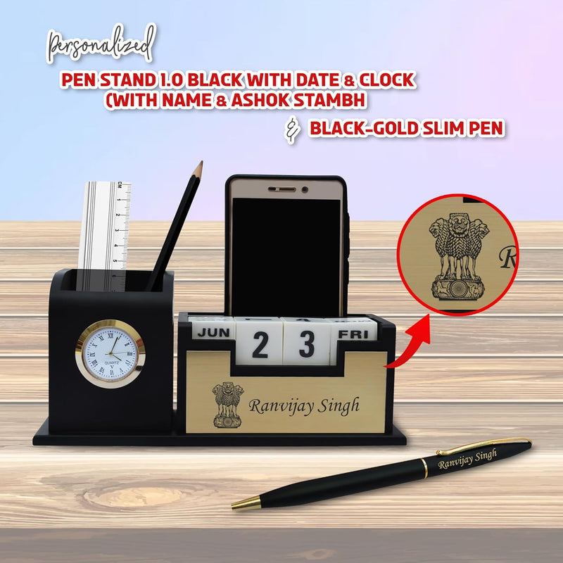 Elegant Officer Gift Set: Black-Gold Pen & Penstand.