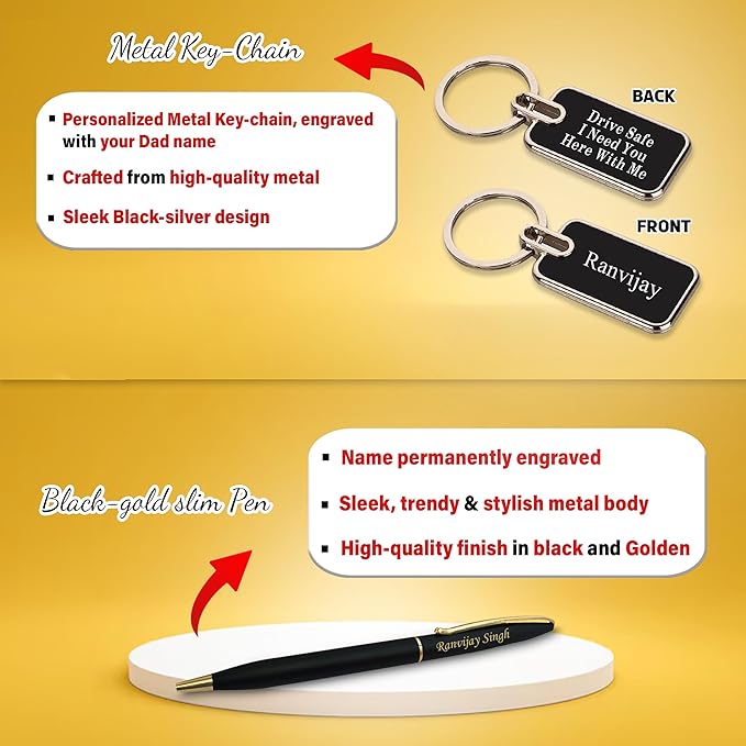 Metal Keychain, Slim Pen & Leather Wallet Combo- Ideal Gift for Father