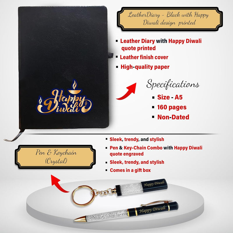 Diwali Gift Set - Crystal Pen, Keychain, Large Coffee Mug & Leather Diary