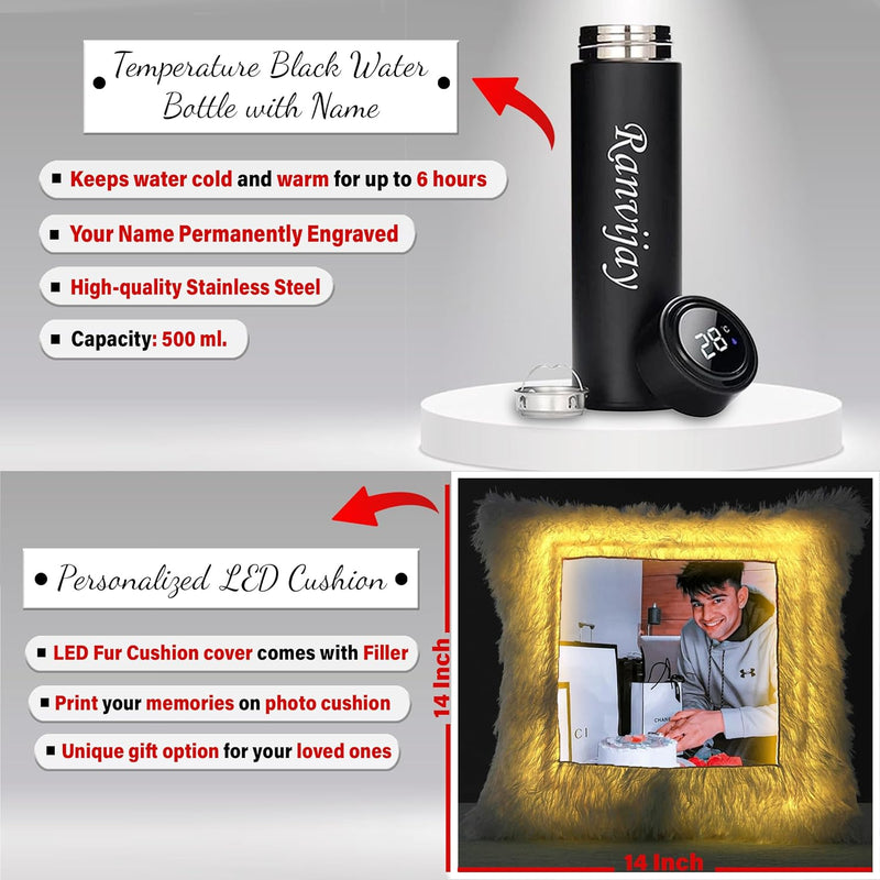 Birthday Gift Set: Custom Bottle, Mug & Photo LED Cushion