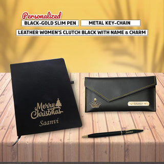 Christmas combo(Female) - Pen, Black A5 Diary, Leather Clutch