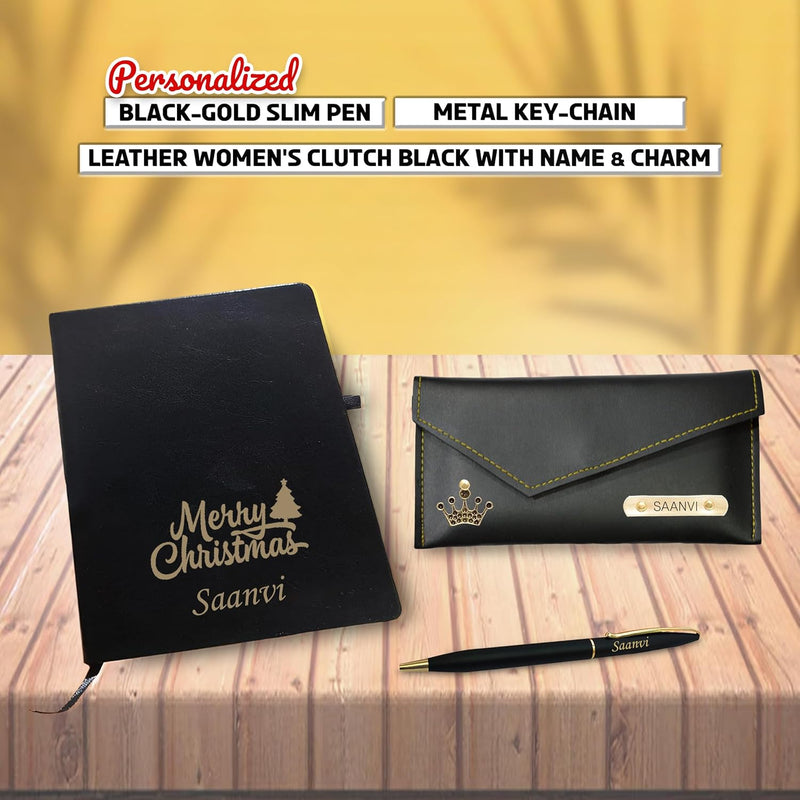 Christmas combo(Female) - Pen, Black A5 Diary, Leather Clutch