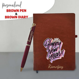 New Year Gift Set - Personalized Leather Diary and Metal Pen (Brown)