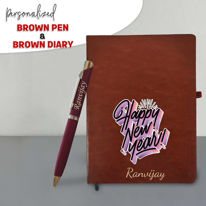 New Year Gift Set - Personalized Leather Diary and Metal Pen (Brown)