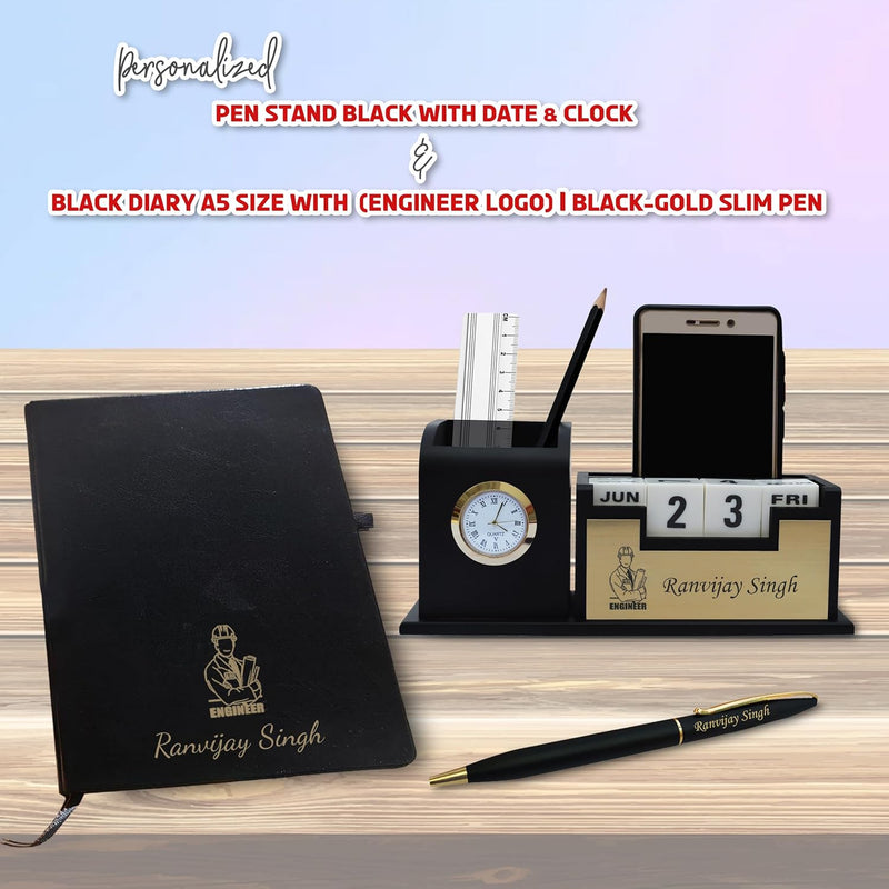 Engineer's Combo Set-Slim Pen, Pen Stand with (Engineer Logo),& A5 Black Diary