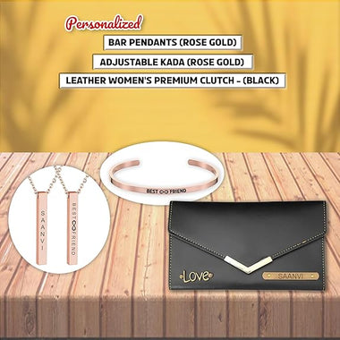 Friendship Day Combo for Her: Leather Clutch,  Rose Gold Adjustable Kada, & Pendants