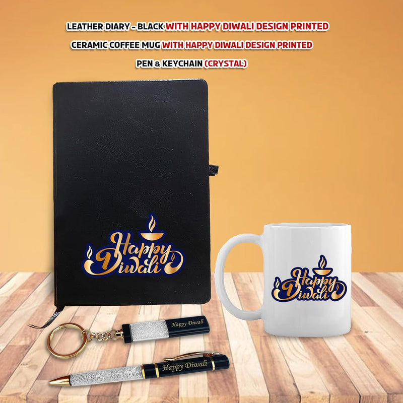 Diwali Gift Set - Crystal Pen, Keychain, Large Coffee Mug & Leather Diary