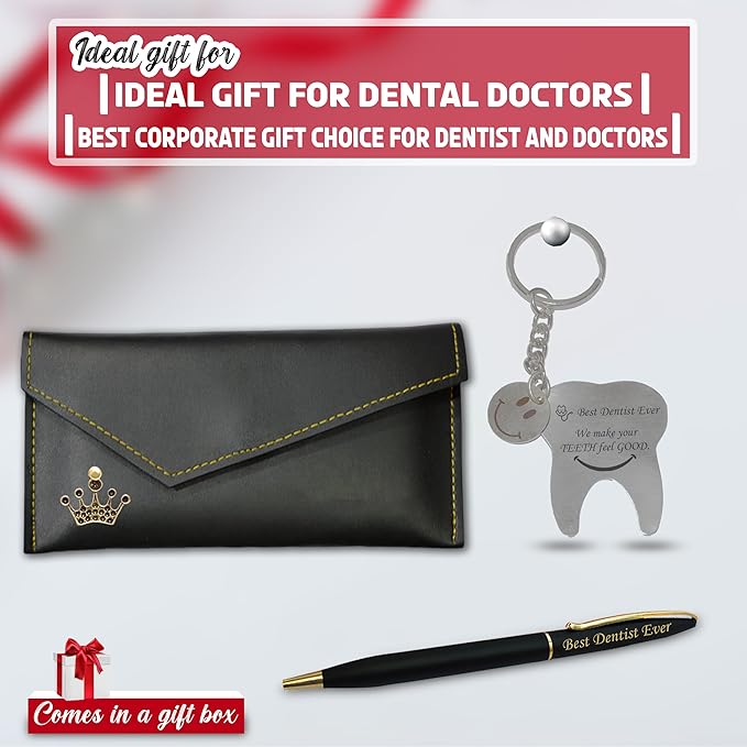 Elegant Dentist Gift Combo for Women – Keychain, Pen, and Leather Clutch.