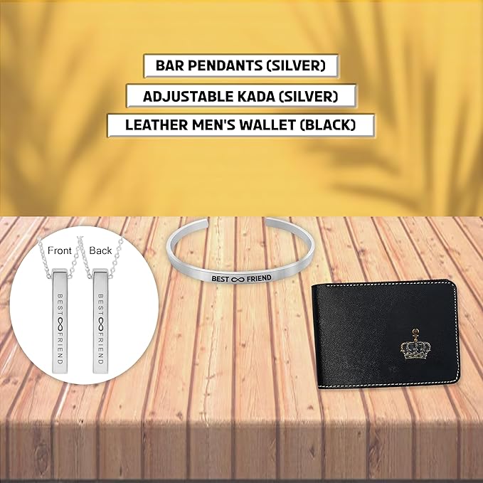 Gifts Combo for Male Friends-Silver Adjustable Kada, Leather Men's Wallet and Silver Bar Pendant