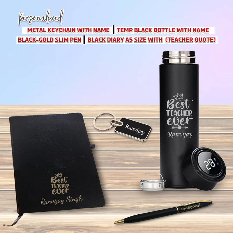 Teacher Gift Set-Metal Keychain, Temp Black Bottle,Black-Gold Slim Pen,& A5 Black Diary.