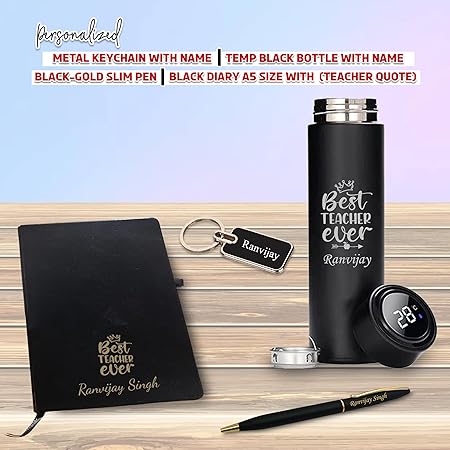 Teacher Gift Set-Metal Keychain, Temp Black Bottle,Black-Gold Slim Pen & A5 Black Diary