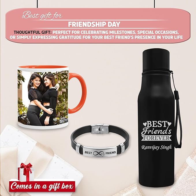 Personalized Friendship Day Set - Bracelet, Photo Mug, & Engraved Black Bottle.