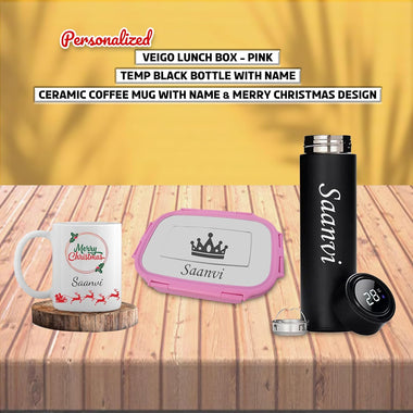 Christmas Gift Set For Female:- Coffee Mug , Black Bottle, Lunch Box