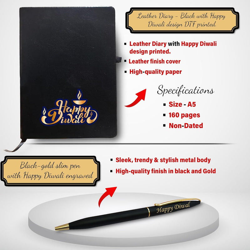 Deepawali Gift Combo - Black-Gold Pen, Pen Stand & Leather Diary