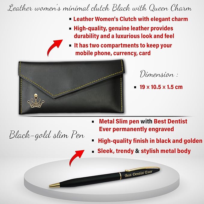 Elegant Dentist Gift Combo for Women – Keychain, Pen, and Leather Clutch.