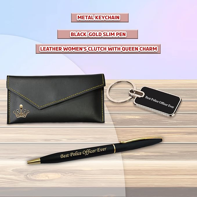 Gifts Police Set (Female) – Engraved Keychain, Pen & Clutch with Queen Charm