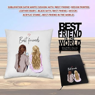Female Friendship Day Combo -Cushion, Acrylic Stand & Black Leather Diary