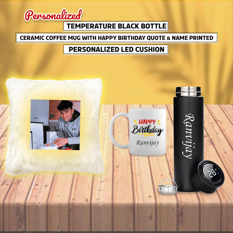 Birthday Gift Set: Custom Bottle, Mug & Photo LED Cushion