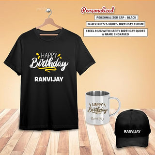 Kids' Birthday Gift Combo - Custom Cap, T-Shirt, & Steel Mug.