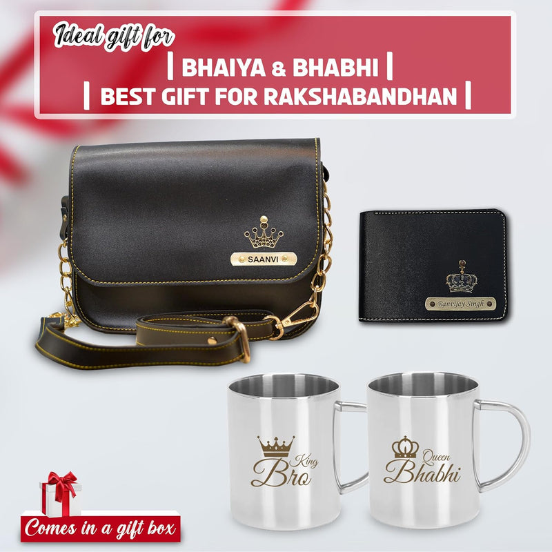 Men's Wallet with Sling Bag & King Bro & Queen Bhabhi Steel Mug Set.