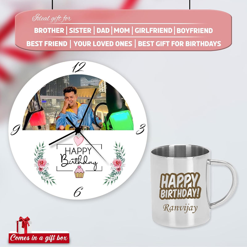 Birthday Combo: Personalized Steel Mug & Photo Wall Clock