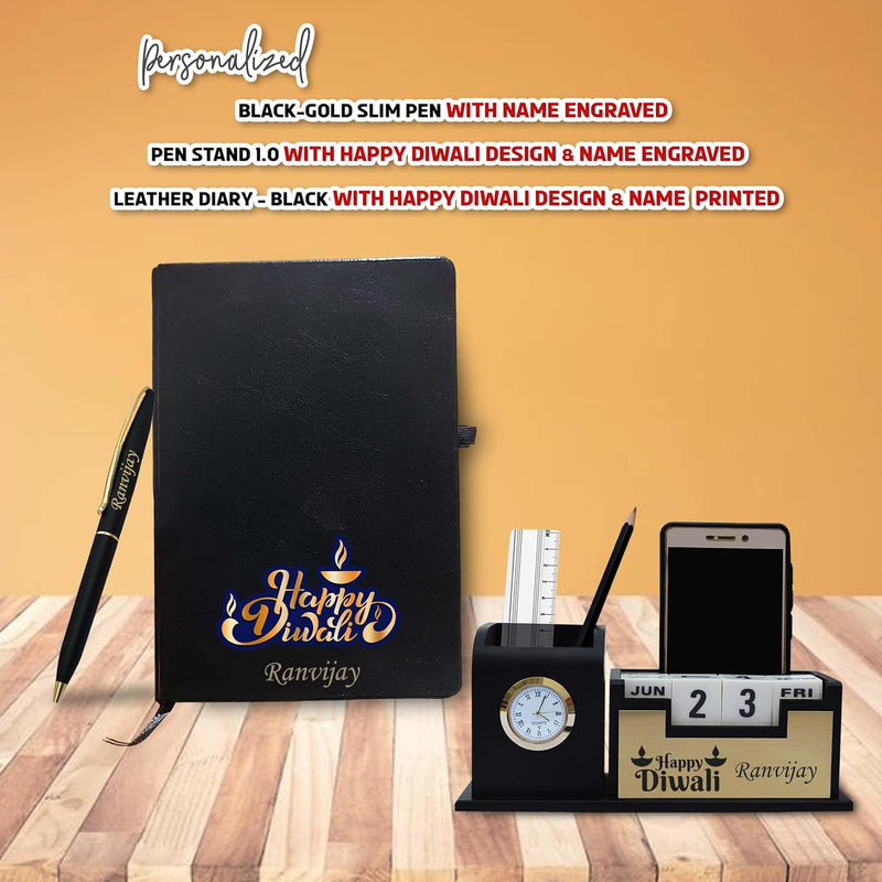 Diwali Combo Gifts - Pen , Pen Stand with Leather Diary