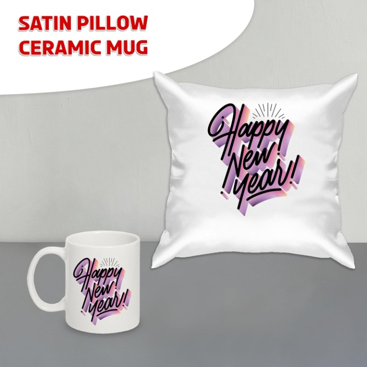 New Year Gift Hamper - Satin Cushion & White Ceramic Coffee Mug