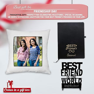 Friendship Day Combo - Photo Cushion, Acrylic Stand, Engraved Diary.