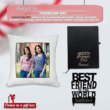 Friendship Day Combo - Photo Cushion, Acrylic Stand, Engraved Diary