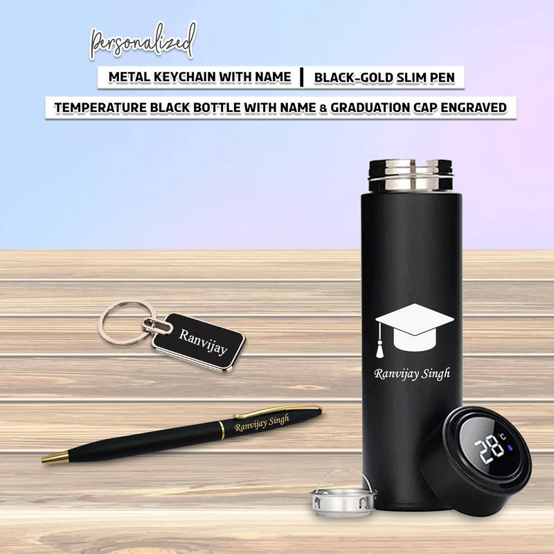 Graduation Gift Combo- Slim Pen, Metal Keychain and Black Bottle