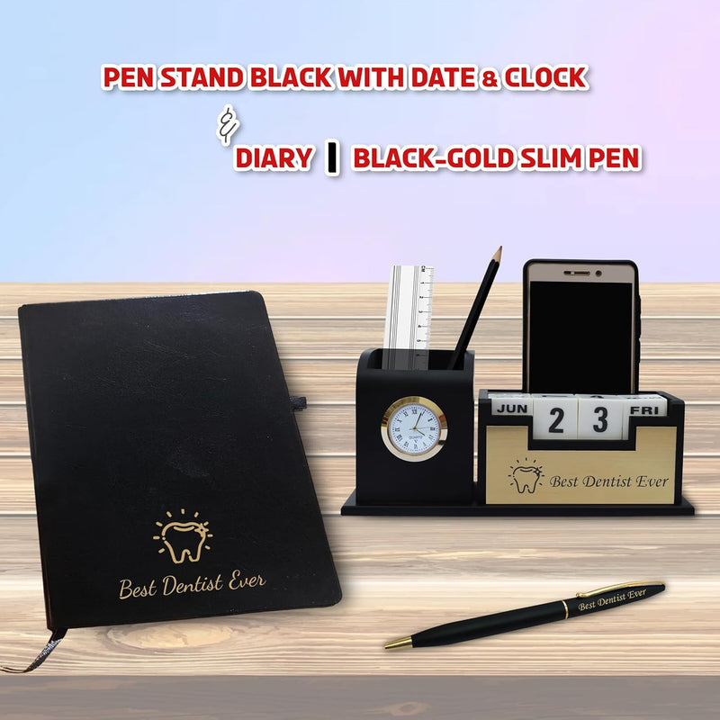 Exclusive Dentist Gift Combo – Pen, Stand, and Diary with ‘Best Dentist Ever’.