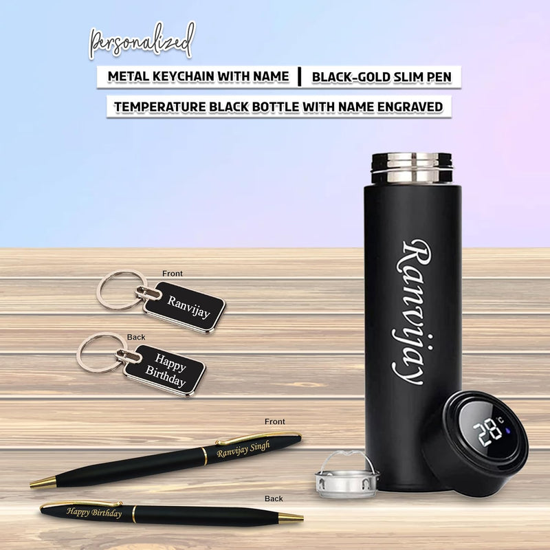 Bottle, Black Gold Slim Pen, Metal Keychain Combo