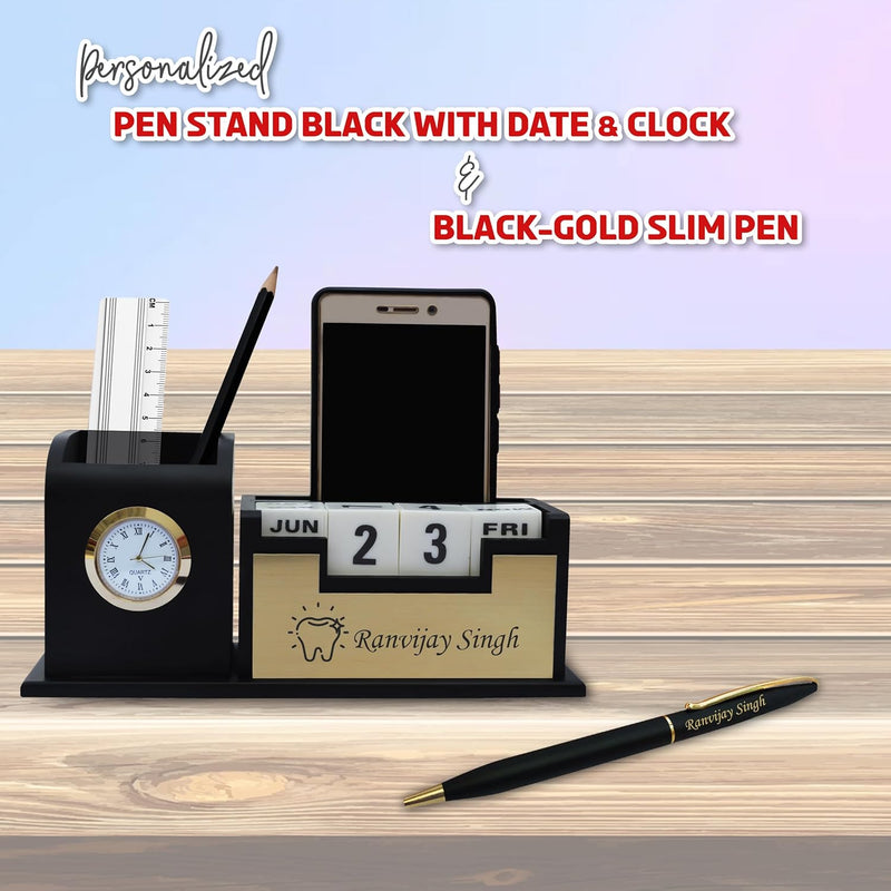 Dentist Professional's Desk Set- Black-Gold Slim Pen & Pen Stand with Date & Clock