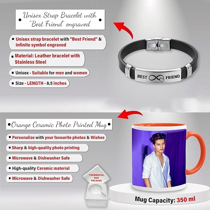 Personalized Friendship Day Set - Bracelet, Photo Mug, & Engraved Black Bottle.