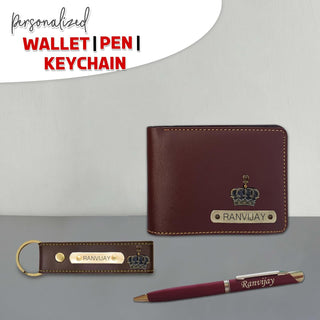 New Year Gift Hamper for Men -Pen, Leather Keychain & Wallet Customized