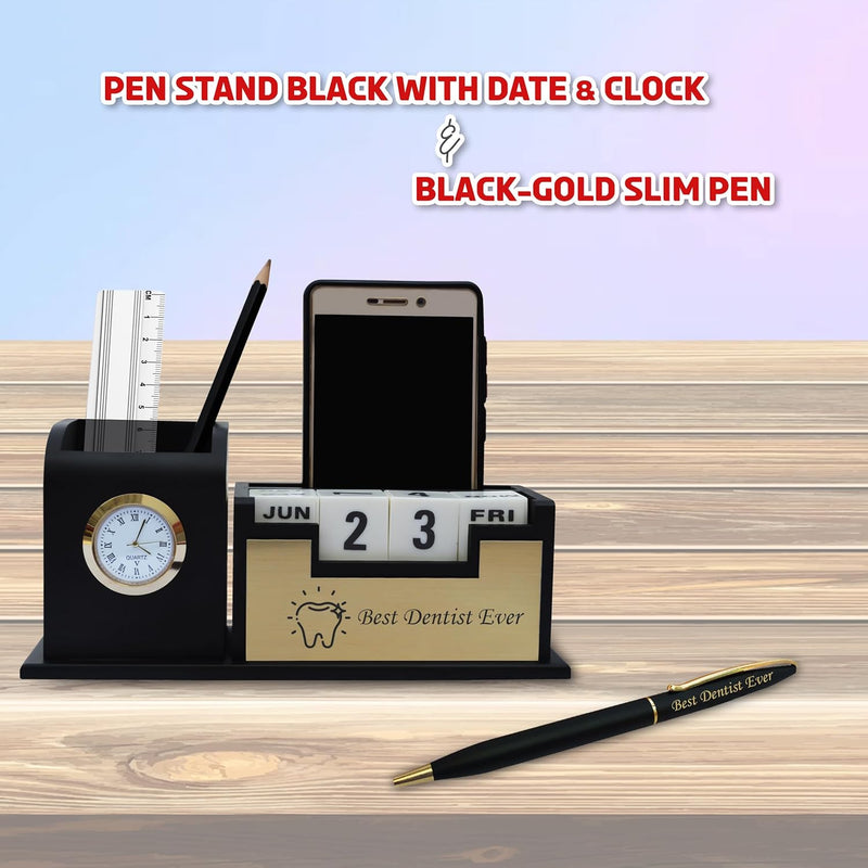 Black-Gold Pen & Pen Stand with ‘Best Dentist Ever’ Engraving – Perfect Gift for Dentists