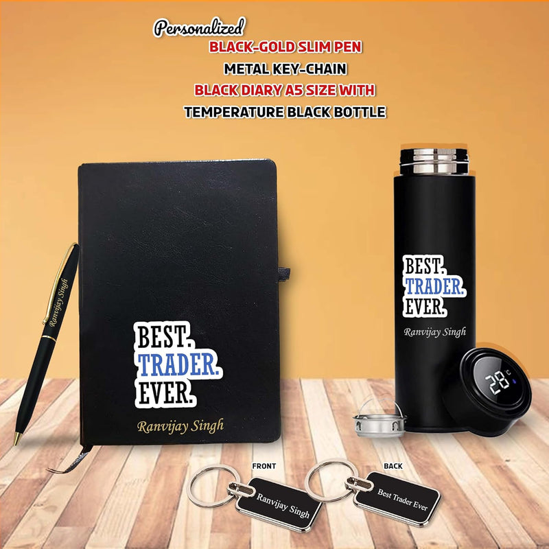 Trader Gift Set – Metal Keychain, Temperature Bottle, Slim Pen, and A5 Black Diary.