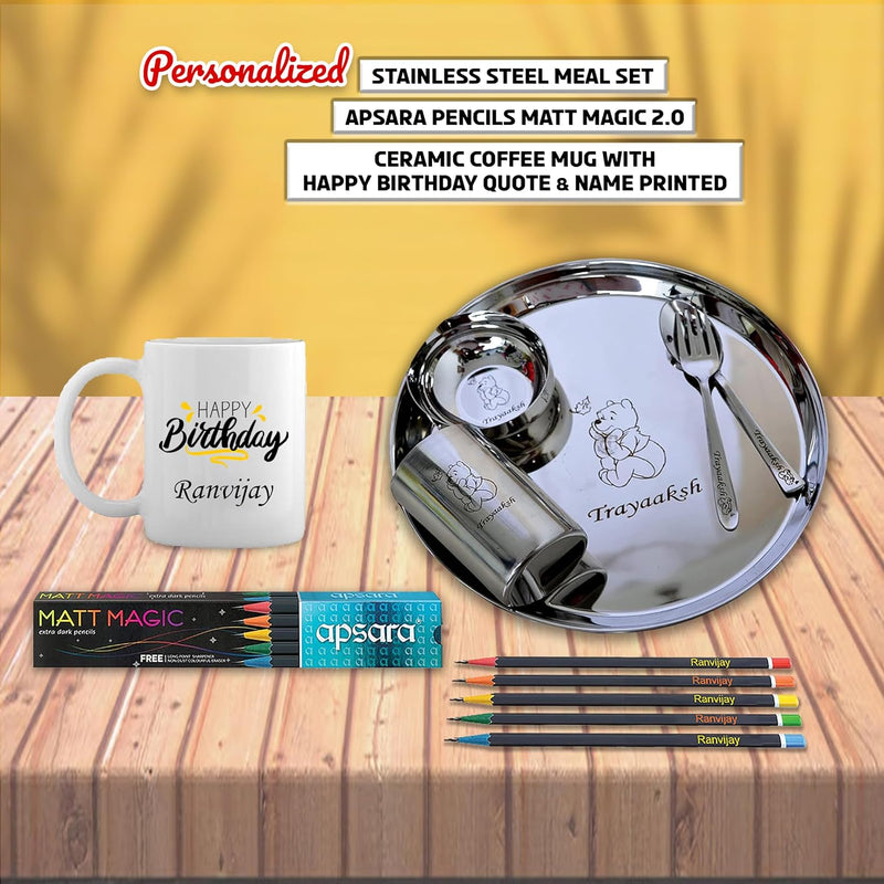 Birthday Combo for Kids- Meal Set with Name & Character, Coffee Mug, and Apsara Pencils