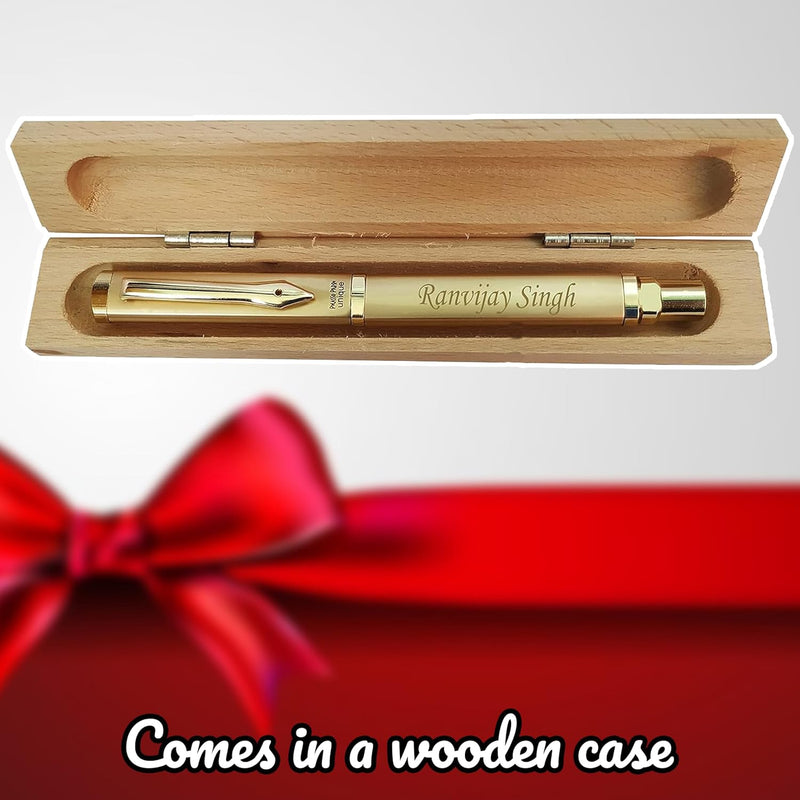 Unique Golden pen with name on pen & message on wooden box.