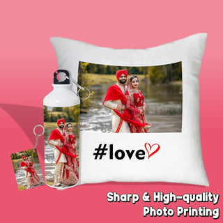 Personalized Gift Combo of Photo Printed- Cushion Cover, Keychain & Water Bottle