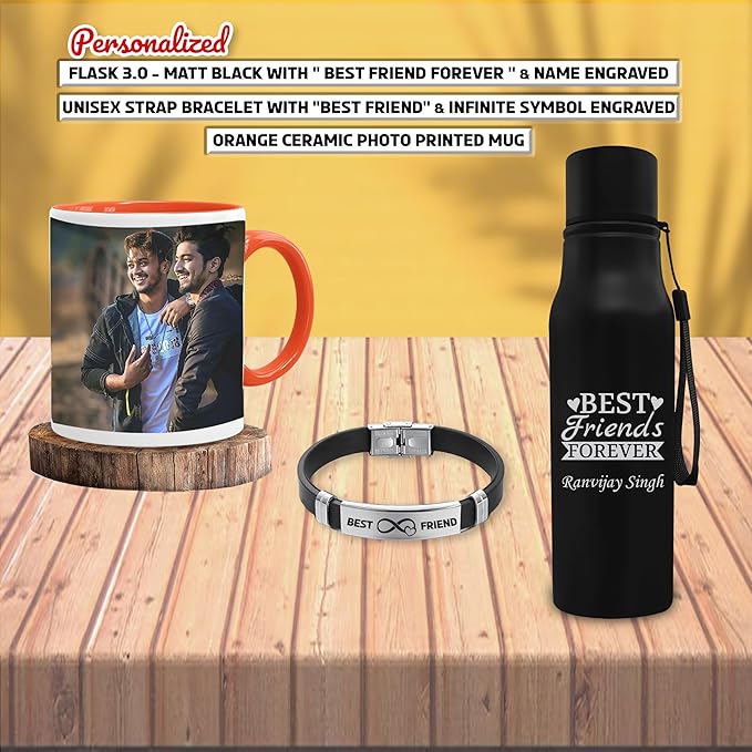 Personalized Friendship Day Set - Bracelet, Photo Mug, & Engraved Black Bottle.