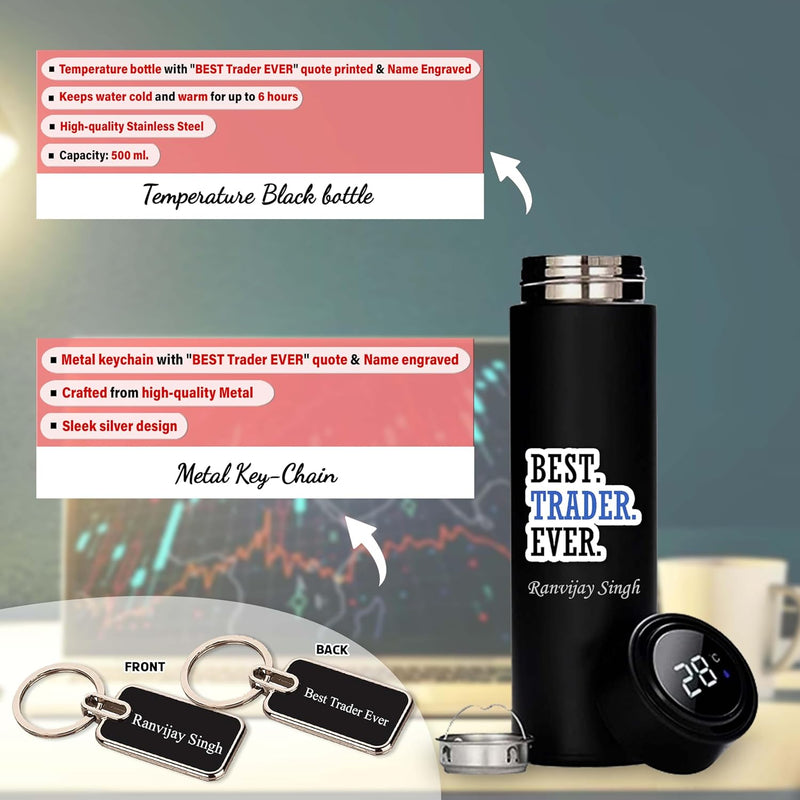 Trader Gift Set – Metal Keychain, Temperature Bottle, Slim Pen, and A5 Black Diary.