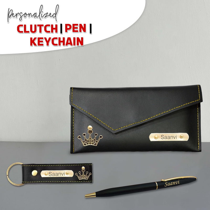 New Year Gift Hamper for Women - Pen, Leather Keychain & Leather Clutch