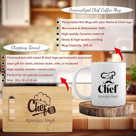 Chef's Personalized Combo - Master Chef Apron, Mug & Custom Chopping Board.